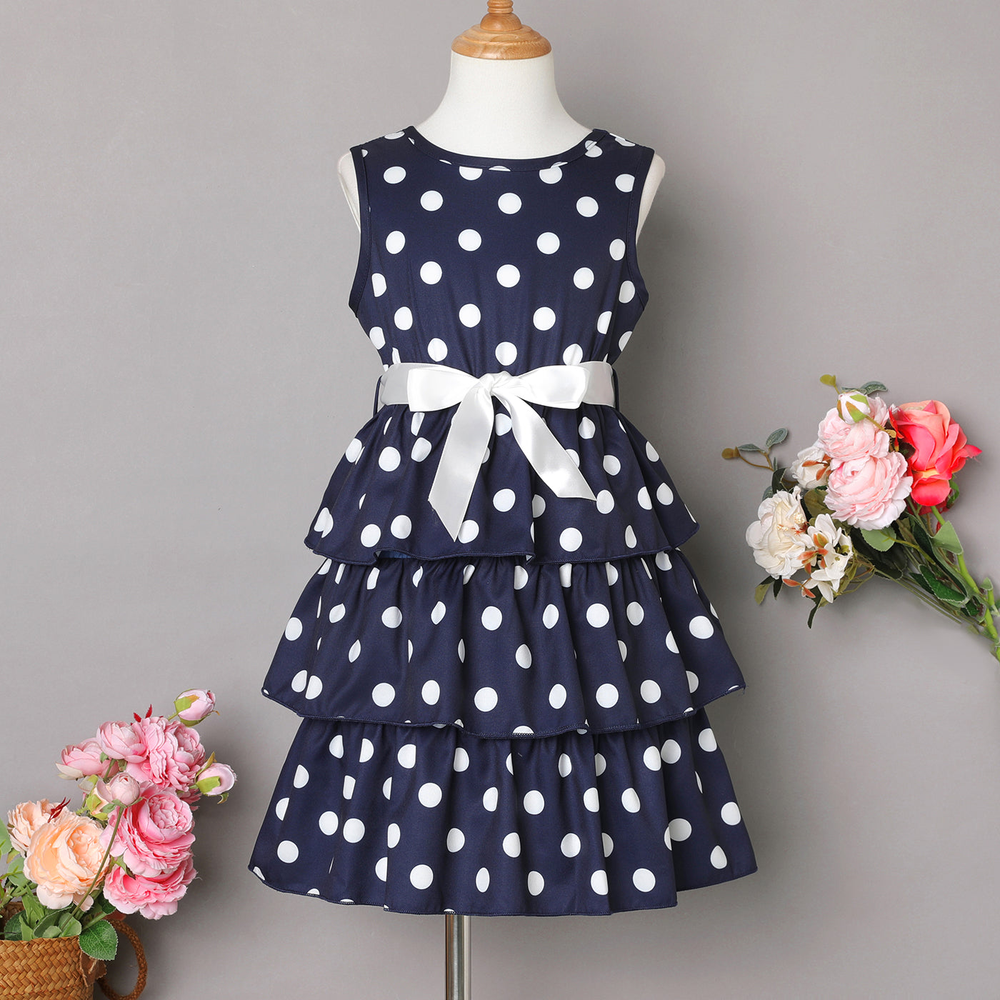 PatPat 2pcs Kid Girl Polka dots Sleeveless Layered Dress & Belt