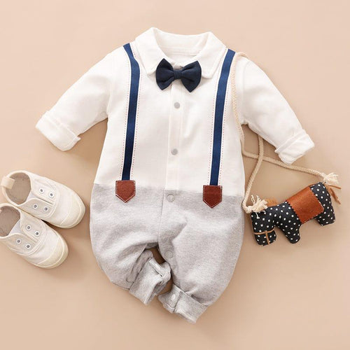 Plush-Polo Romper - White & Light Grey with Bowtie