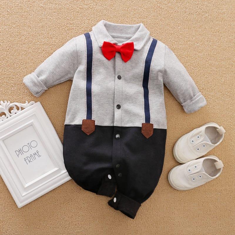 Plush-Polo Romper - Grey & Blue Contrast with Bowtie