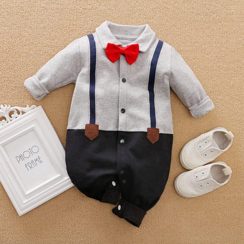 Plush-Polo Romper - Grey & Black Contrast with Bowtie