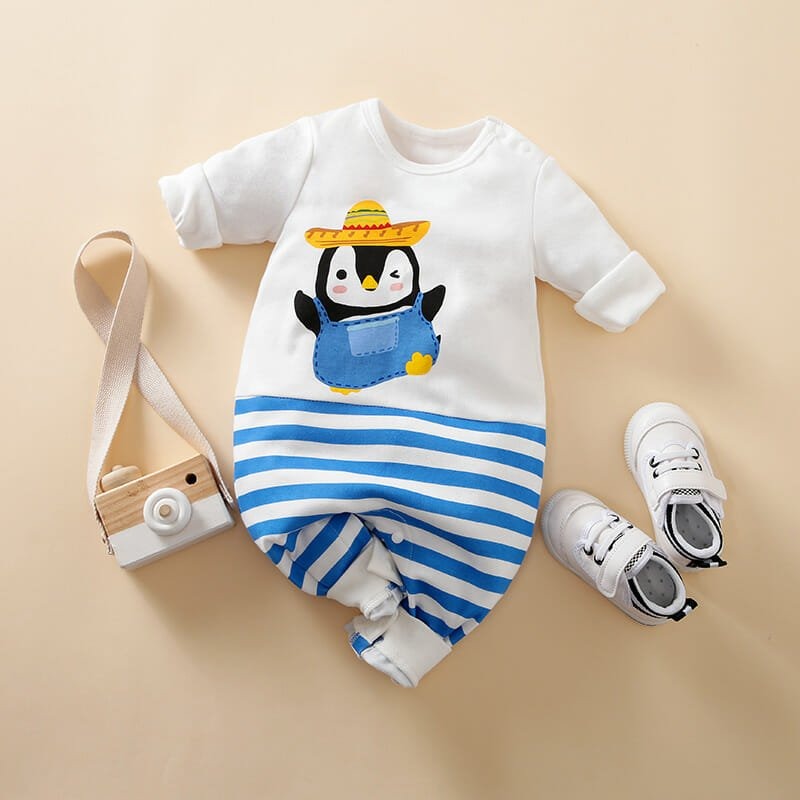 Plush-Printed Rompers - Striped Penguin - White utter