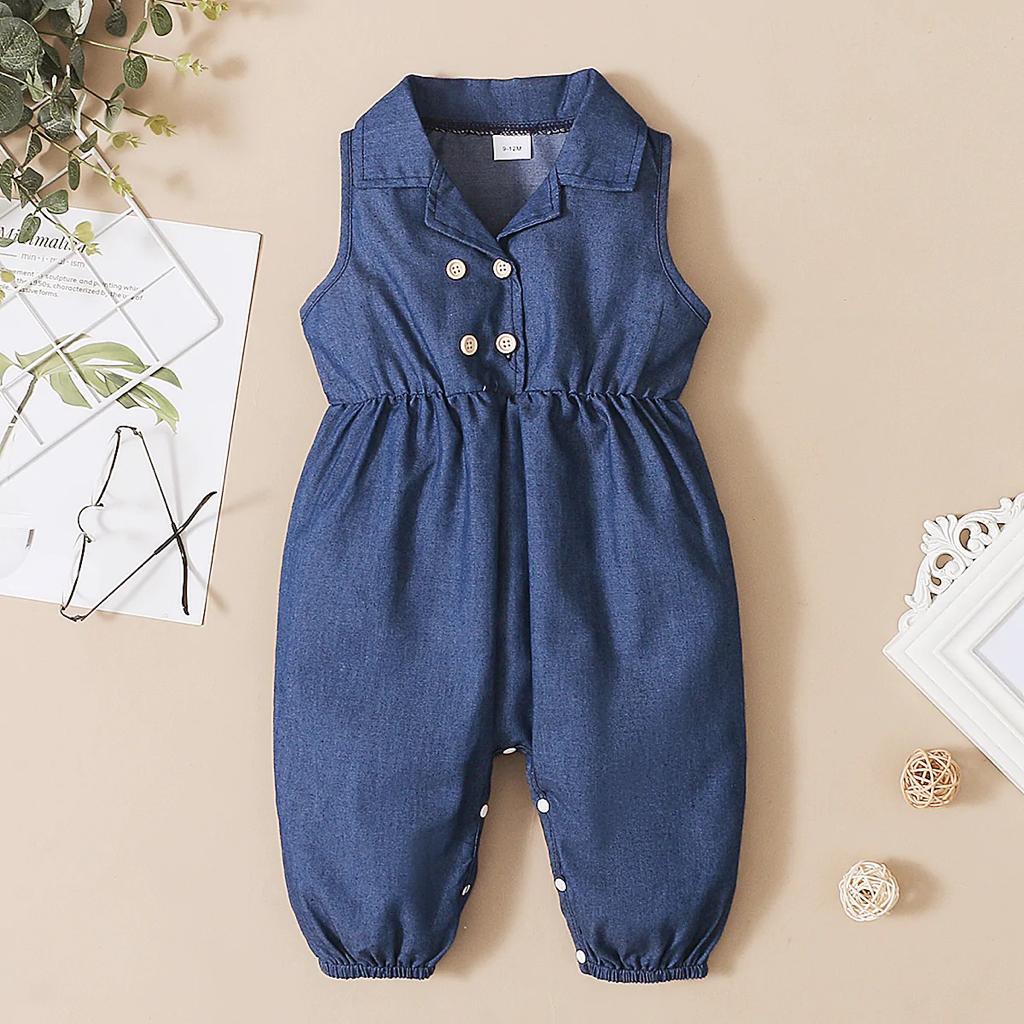 Plush-Sleeveless Denim Romper with Collars and Button Detail