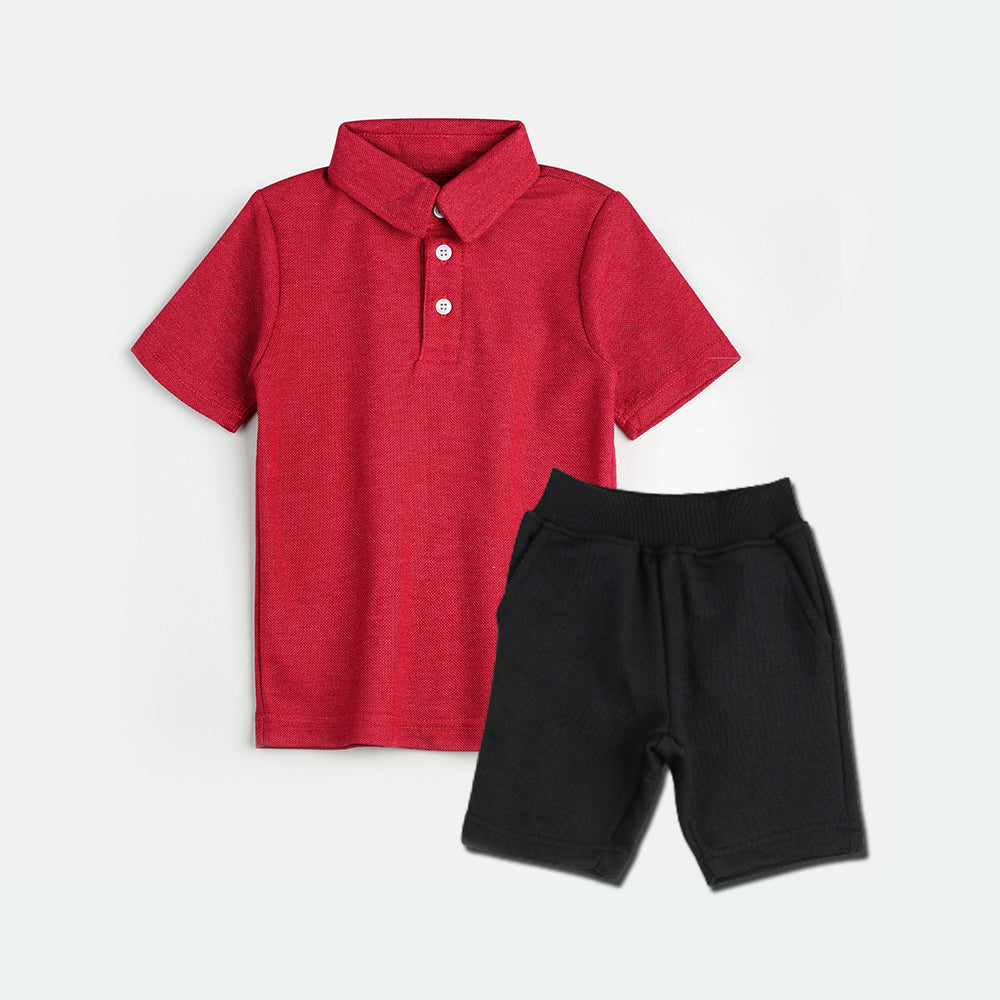 Plush-Baby Plaid Polo Shirt & Shorts-Red